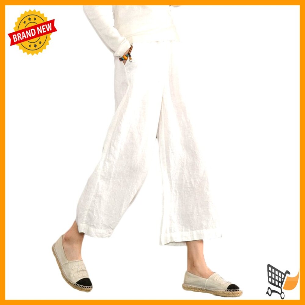 Linen Cropped Pants Wide Leg Elastic Waist Drawstring Casual Summer